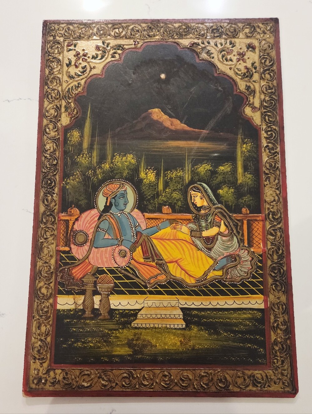 Vintage Radha Krishna Painting Hand Painted Hindu God Godess Framed Water Color